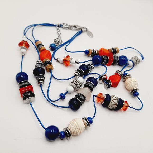 Chico’s Three Strand Beaded Necklace NWOT Blue Red White Multi Color Statement - Picture 8 of 12